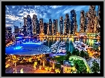 Drapacze, Chmur, Marina, Jachty, Dubaj, Panorama, Miasta, Nocą