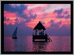 Morze, Żaglówka, Altana, Zachód słońca, Malediwy
