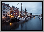 Kanał Nyhavn, Żaglówki, Domy, Przystań, Kopenhaga, Dania