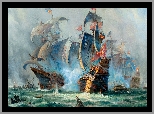 Malarstwo, Obraz, Adolf Bock, Żaglowce, Okręty, Morze, Bitwa