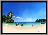  Morze Andamańskie, Plaża Railay Beach, Skały, Prowincja Krabi, Tajlandia, Drzewa, Łódki, Kajak, Chmury