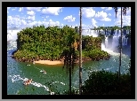 Wodospady, Iguazu, Łódki, Drzewa, Chmury