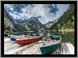 Austria, Tyrol, Góry, Jezioro, Łodzie, Pomost