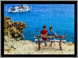Morze, Ludzie, Para, Ławka, Statek, Skały, Przylądek, Cape Greco, Cypr