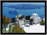 Dom, Taras, Morze, Santorini, Grecja, Prom