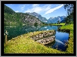 Norwegia, Stryn, Sogn og Fjordane, Fiord Innvikfjorden, Góry, Łódka, Domy