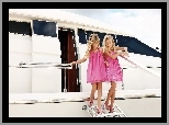 Dwie, Dziewczynki, Jacht, Różowe, Sukienki