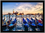 Włochy, Wenecja, Cieśnina Canal Grande, Gondole, Łodzie, Bazylika San Giorgio Maggiore, Chmury