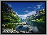 Norwegia, Góry, Fiord, Łódka, Kamienie