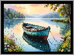 Jezioro, Łódka, Kwiaty, Grafika