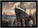 Grafika, Statek, Titanic, Ludzie, Port