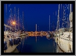 Jachty, Żaglówki, Port, Zachód słońca, Noc