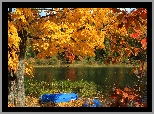 Jesień, Jezioro, Łódki, Drzewa