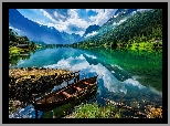 Jezioro Lake Oldevatnet, Gry, Drzewa, Chmury, dka, Odbicie, Gmina Stryn, Okrg Sogn og Fjordane, Norwegia