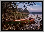 Jezioro, Łódka, Trawy, Liście, Drzewa