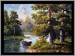 Jezioro, Las, Łódka, Malarstwo