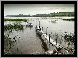 Jezioro, Pomost, Łódka, Trzciny