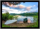 Jezioro, Drzewa, Trawy, Łódki, Brzeg