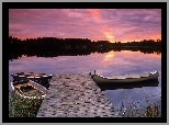 Jezioro, Łodzie, Zachód słońca, Pomost
