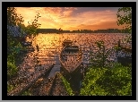 Jezioro, Łódka, Drzewa, Zachód, Słońca