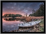Jezioro, Las, Łódka, Trawa, Zachód, Słońca