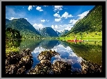 Norwegia, Fiord Innvikfjorden, Sogn og Fjordane, Góry, Kamienie, Kajakarka, Kajak