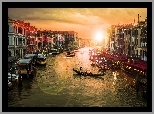 Wenecja, Cieśnina Canal Grande, Kanał, Łodzie, Gondole, Domy, Kawiarenki