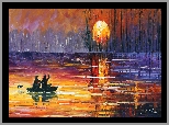 Malarstwo, Leonid Afremov, Jezioro, Łódka, Drzewa, Wschód słońca