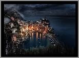 Liguria, Włochy, Morze, Łódki, Miasto nocą