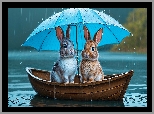 Grafika, Łódka, Króliki, Deszcz, Parasol