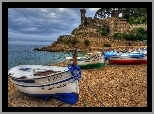 Tossa de Mar, La Vila Vella, Costa Brava, Katalonia, Hiszpania, Plaża, Łódki, Morze, Mury obronne, Fortyfikacje