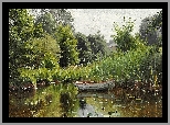 Malarstwo, Obraz, Peder Monsted, Drzewa, Jezioro, Łódka, Szuwary