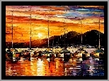Reprodukcja obrazu, Leonid Afremov, Żaglówki, Góry, Zachód słońca