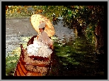 Malarstwo, Giuseppe de Nittis, Kobieta, Parasol, Jezioro, Drzewo, Łódka