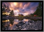 Norwegia, Ringerike, Jezioro Vaeleren, Dom, Drzewa, Zachód słońca, Łódka