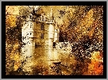Zamek w Chaumont, Chaumont sur Loire, Francja, Staw, Łódka, Grafika