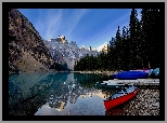 Park Narodowy Banff, Góry Skaliste, Kajaki, Jezioro, Moraine Lake, Drzewa, Odbicie, Alberta, Kanada