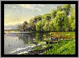Obraz, Malarstwo, Peder Mork Monsted, Rzeka, Zarośla, Szuwary, Drzewa, Łódki, Pomost