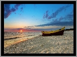 Plaża, Morze, Zachód, Słońca, Łajba
