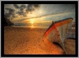 Plaża, Morze, Łódka, Zachód, Słońca