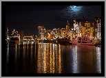 Polska, Gdańsk, Miasto nocą, Rzeka, Statki
