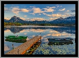 Niemcy, Bawaria, Jezioro, Lake Hopfen, Góry, Łódki, Pomost