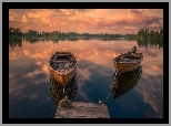 Norwegia, Ringerike, Łódki, Jezioro, Pomost, Zachód Słońca
