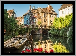 Domy, Most, Rzeka Lauch, Łódki, Dzielnica Mała Wenecja, Miasto Colmar, Francja
