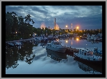 Przystań, Sapokka Harbor, Motorówki, Świt, Światła, Kotka, Finlandia