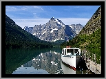 Stany Zjednoczone, Montana, Park Narodowy Glacier, Jezioro, Josephine Lake, Góry, Mount Gould, Las, Łódź, Pomost