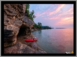 Stany Zjednoczone, Michigan, Jezioro, Superior Lake, Skały, Kajak, Drzewa