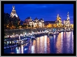Rzeka, Statki, Panorama, Miasta, Noc, Drezno, Niemcy