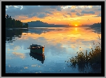Jezioro, Łódka, Trzciny, Zachód słońca, Grafika