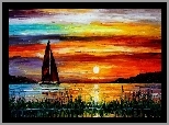 Zachód, Słońca, Jezioro, Żaglówka, Leonid Afremov